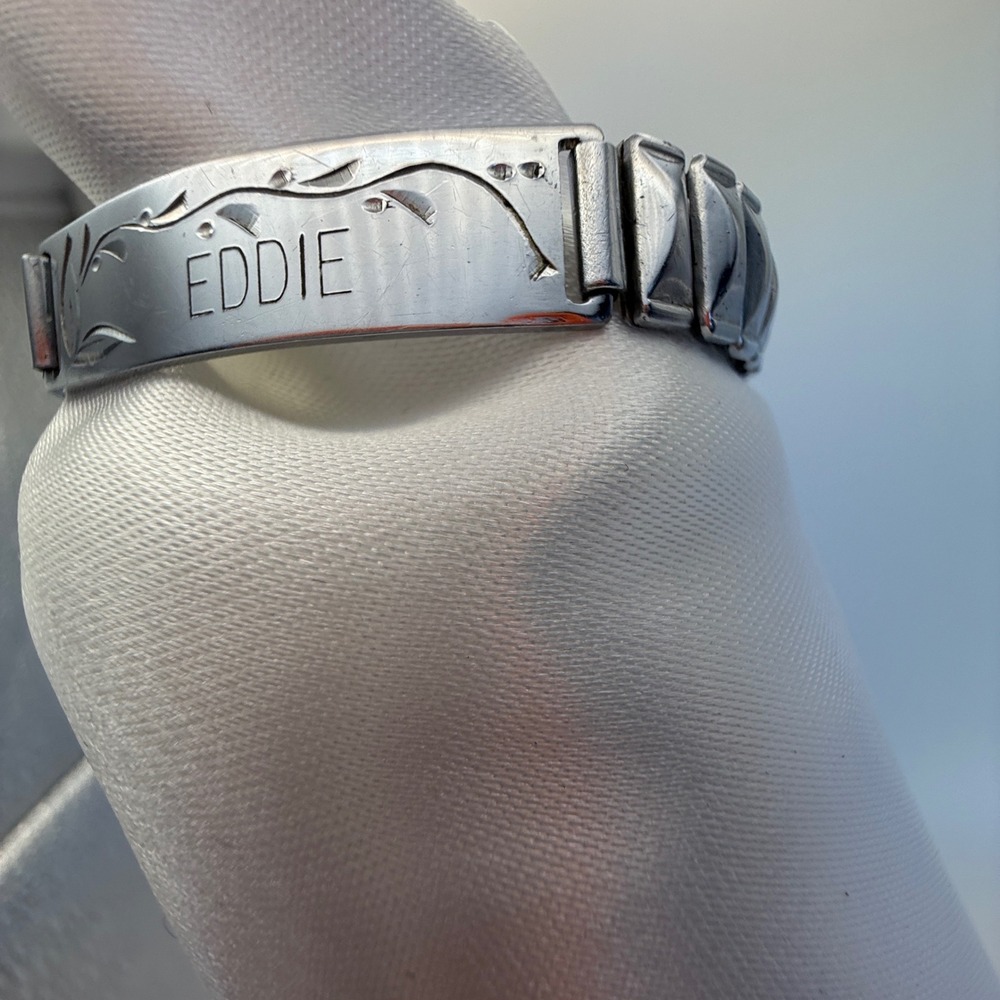 Vintage Japan EDDIE ID Bracelet Silver Tone Expansion Stretch Band Personalized